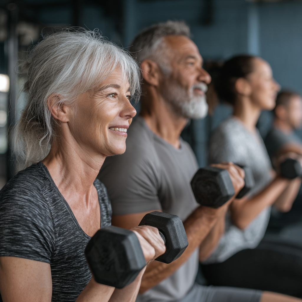 mature adults participating in diverse fitness training with experienced instructor