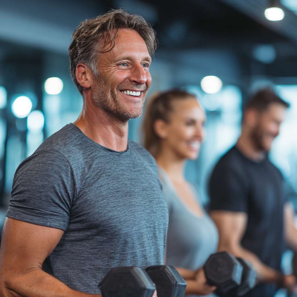 middle-aged adults exercising with professional trainer in modern fitness facility